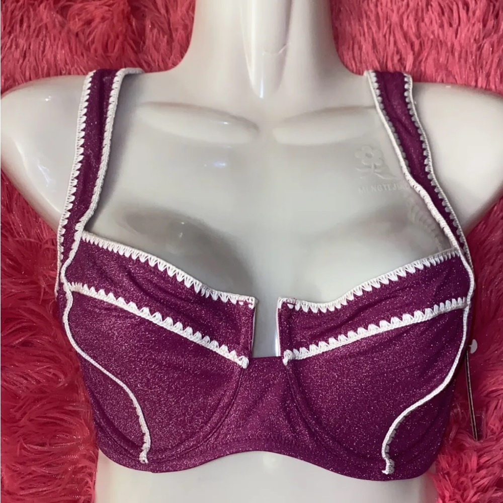 Victoria's Secret Swim Raspberry Shimmer Bikini Crochet Trim Top 34D‎